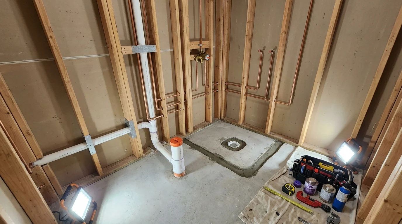 Bathroom rough-in plumbing during remodel by Johns Plumbing LLC in Schoolcraft