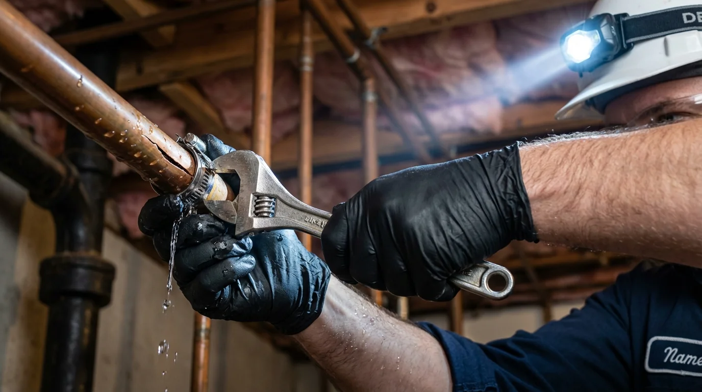 Emergency pipe clamp repair being performed by a Johns Plumbing LLC plumber in Schoolcraft