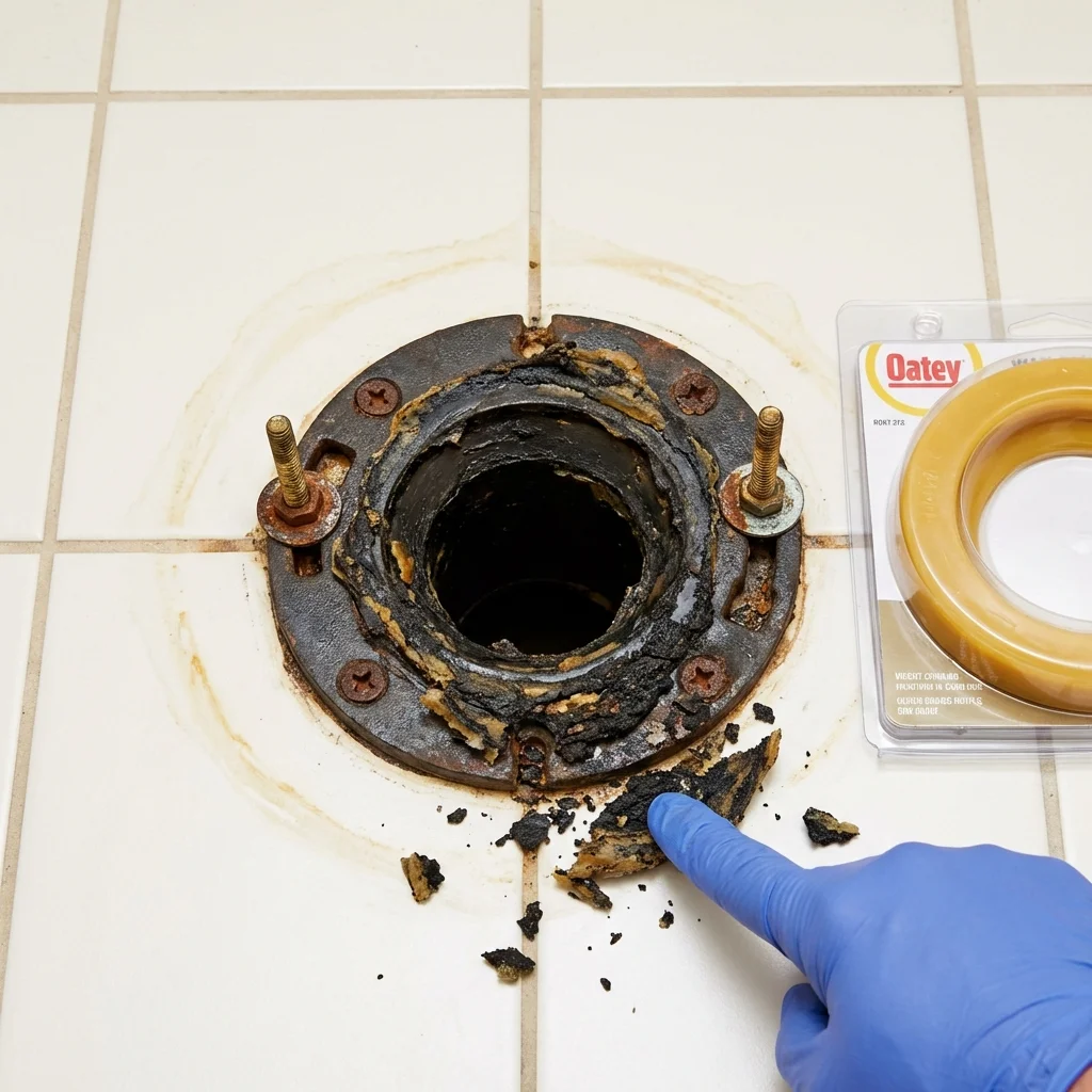Failed wax ring showing water seepage at the base of a toilet in a Schoolcraft, MI home