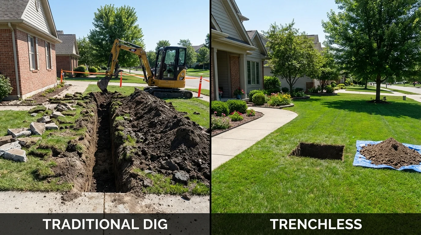 Trenchless sewer repair with minimal yard damage versus traditional excavation in Schoolcraft, MI