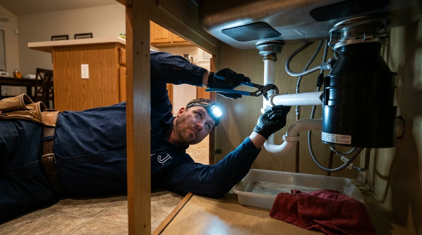 P-trap and supply line connections under a kitchen sink showing a common leak point in Schoolcraft, MI